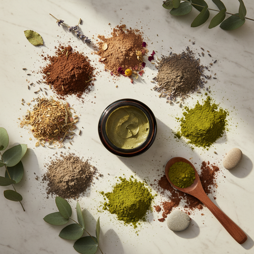 Clay Face Mask lifestyle flat-lay with natural clay and botanicals