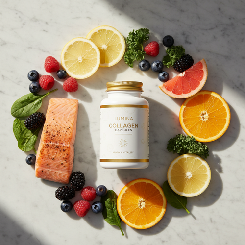 Collagen Capsules lifestyle flat-lay with collagen-rich foods and botanicals