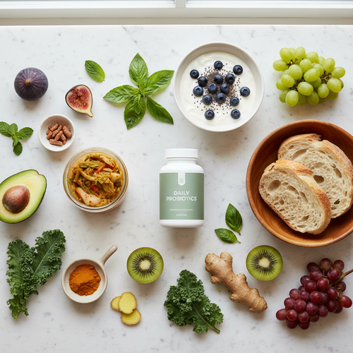 Daily Probiotics lifestyle flat-lay with fresh fruits and wellness ingredients